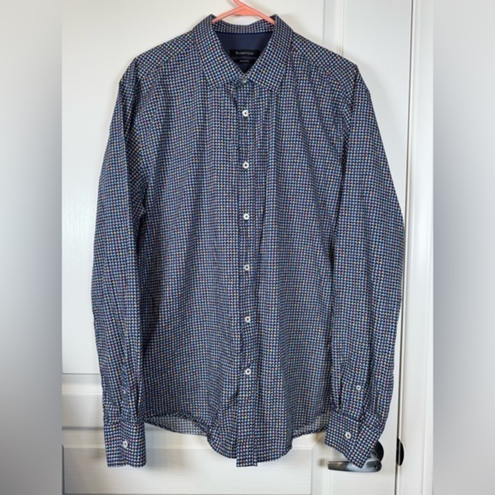 BUGATCHI Shaped Fit Navy Casual Button Down Shirt 100% Cotton Size XL EUC #5746